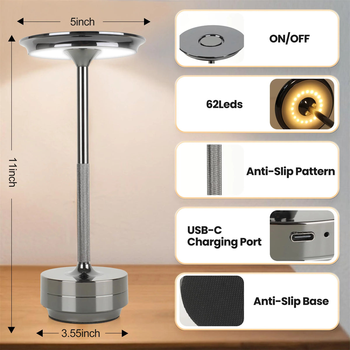 2Pcs Rechargeable Cordless Table Lamp, 5000Mah Portable Wireless LED Lamp, 3 Color Modes Stepless Dimming Touch Lamp, Aluminum Alloy Bedside Desk Lamp for Bedroom Office Camping Dining
