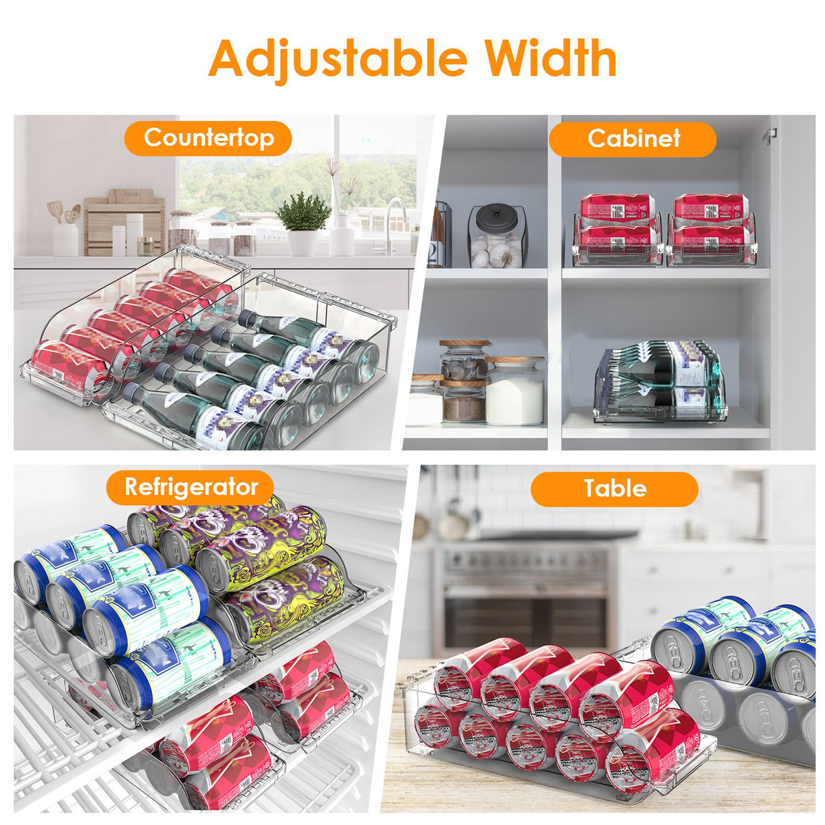 4Pcs Soda Can Organizers for Refrigerator Width Adjustable Clear Drink Organizer Expandable Can Holder Dispenser for Fridge Pantry Freezer