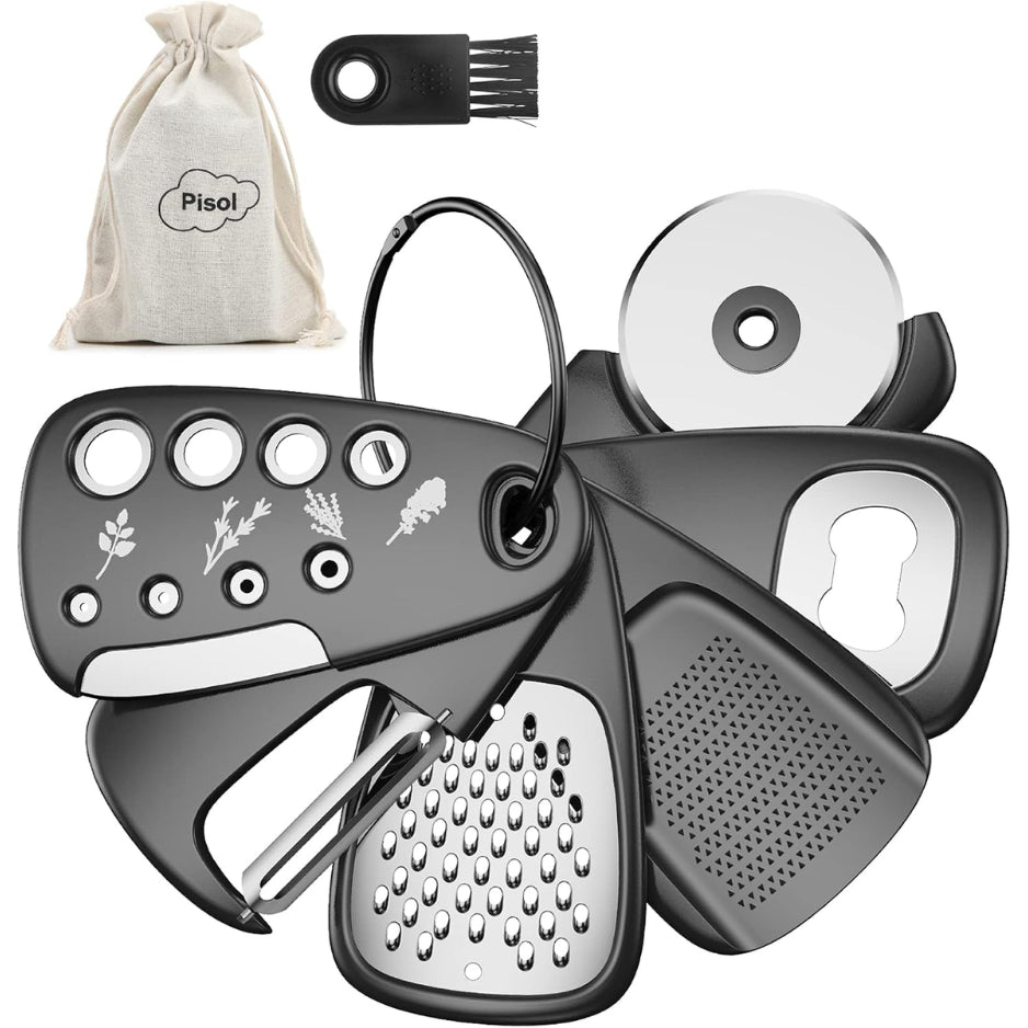 6-Piece Space-Saving Kitchen Gadget Set - Compact Multi-Tool Set with Cheese Grater, Peeler, Pizza Cutter, Bottle Opener Garlic Grinder & Herb Stripper