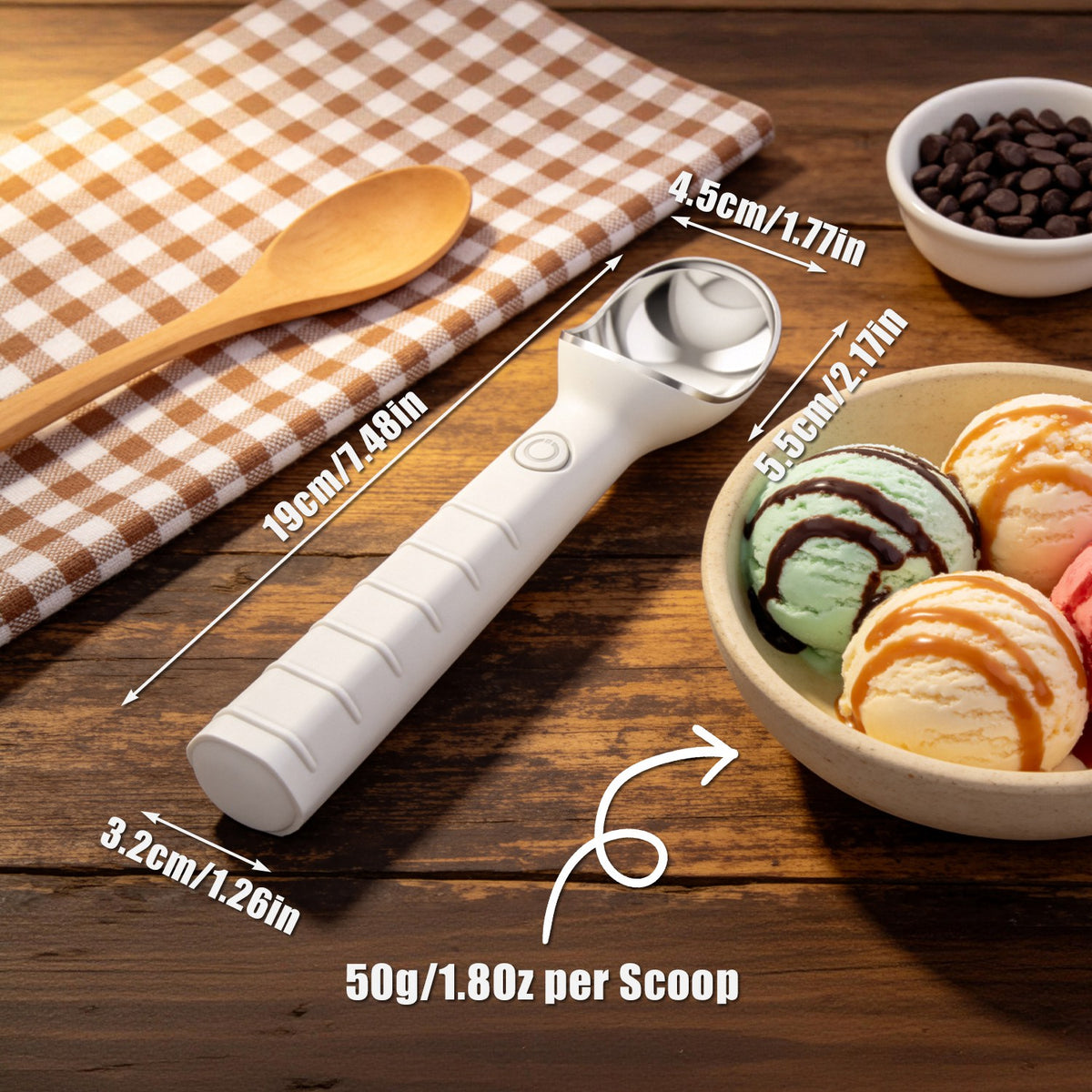 1Set Heated Ice Cream Scoop Rechargeable Electric Ice Cream Scooper IP66 Waterproof 45S Fast Heating 5Min Auto Shutoff for Hard Ice Cream Gelato Yogurt