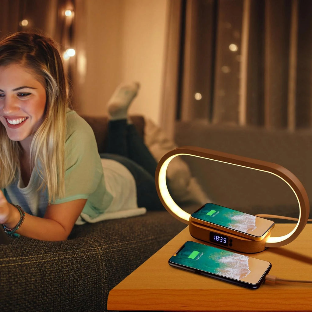 1 Set Bedside Table Lamp Touch Control Lamp with Clock Wireless Charging LED Desk Lamp Dimmable Nightstand Reading Lamp