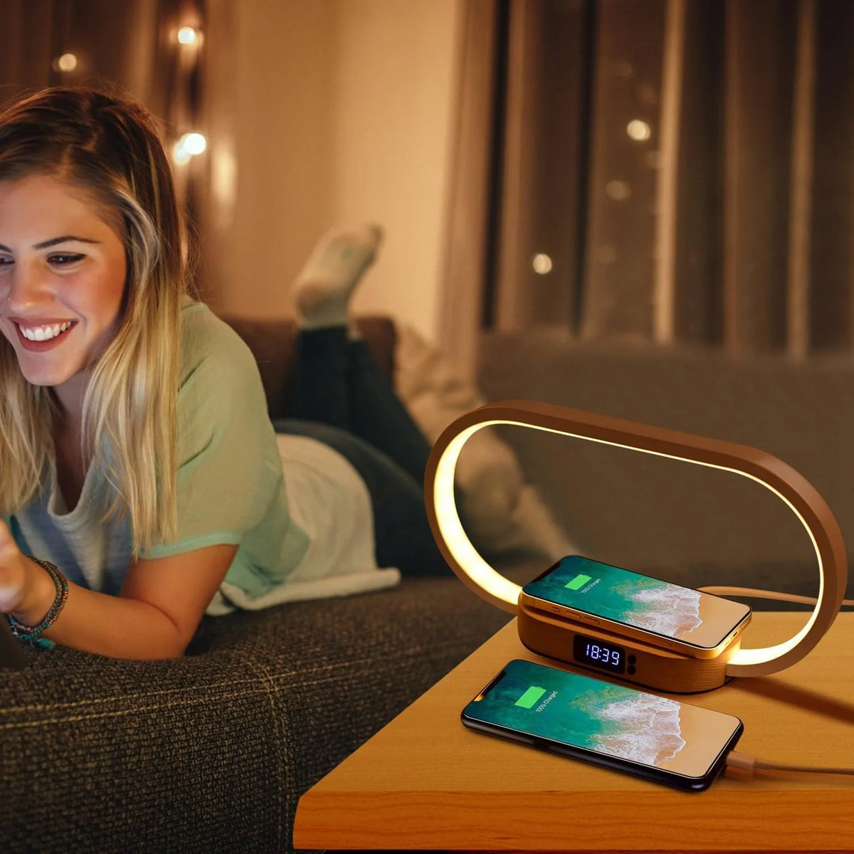 1 Set Bedside Table Lamp Touch Control Lamp with Clock Wireless Charging LED Desk Lamp Dimmable Nightstand Reading Lamp