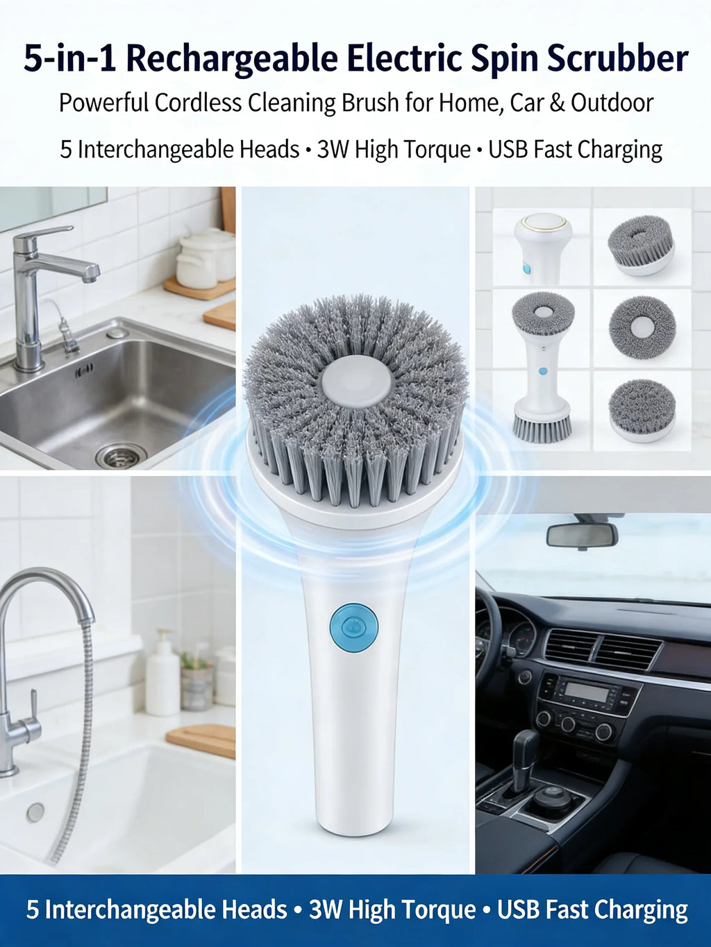 Effortless Electric Grease Scrubber, Rechargeable Cordless Power Cleaning Brush, for Kitchen Sink Tile & Stubborn Stains