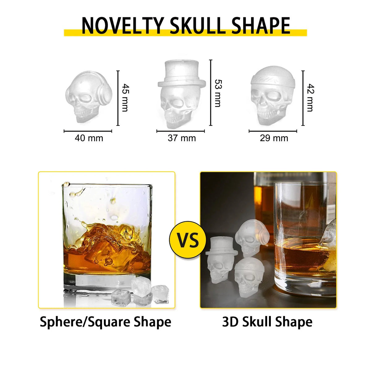 Skull Ice Cube Tray, 6-Grid Skull Ice Ball Maker, Flexible Black Silicone Ice Tray with Lid & Funnel, Skull Ice Cubes in 3 Distinct Patterns for Beverages & Chocolates on Parties & Holidays