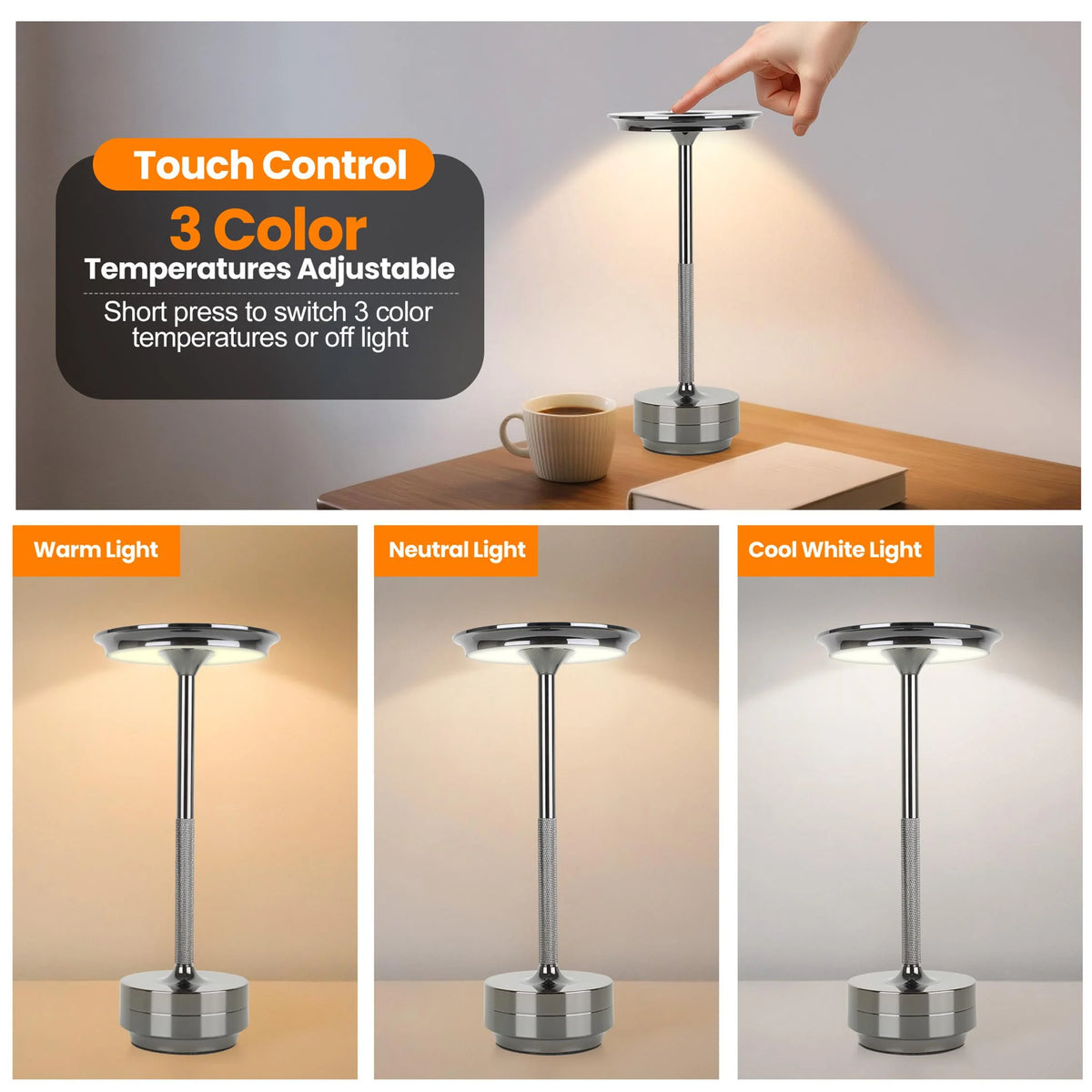 2Pcs Rechargeable Cordless Table Lamp, 5000Mah Portable Wireless LED Lamp, 3 Color Modes Stepless Dimming Touch Lamp, Aluminum Alloy Bedside Desk Lamp for Bedroom Office Camping Dining