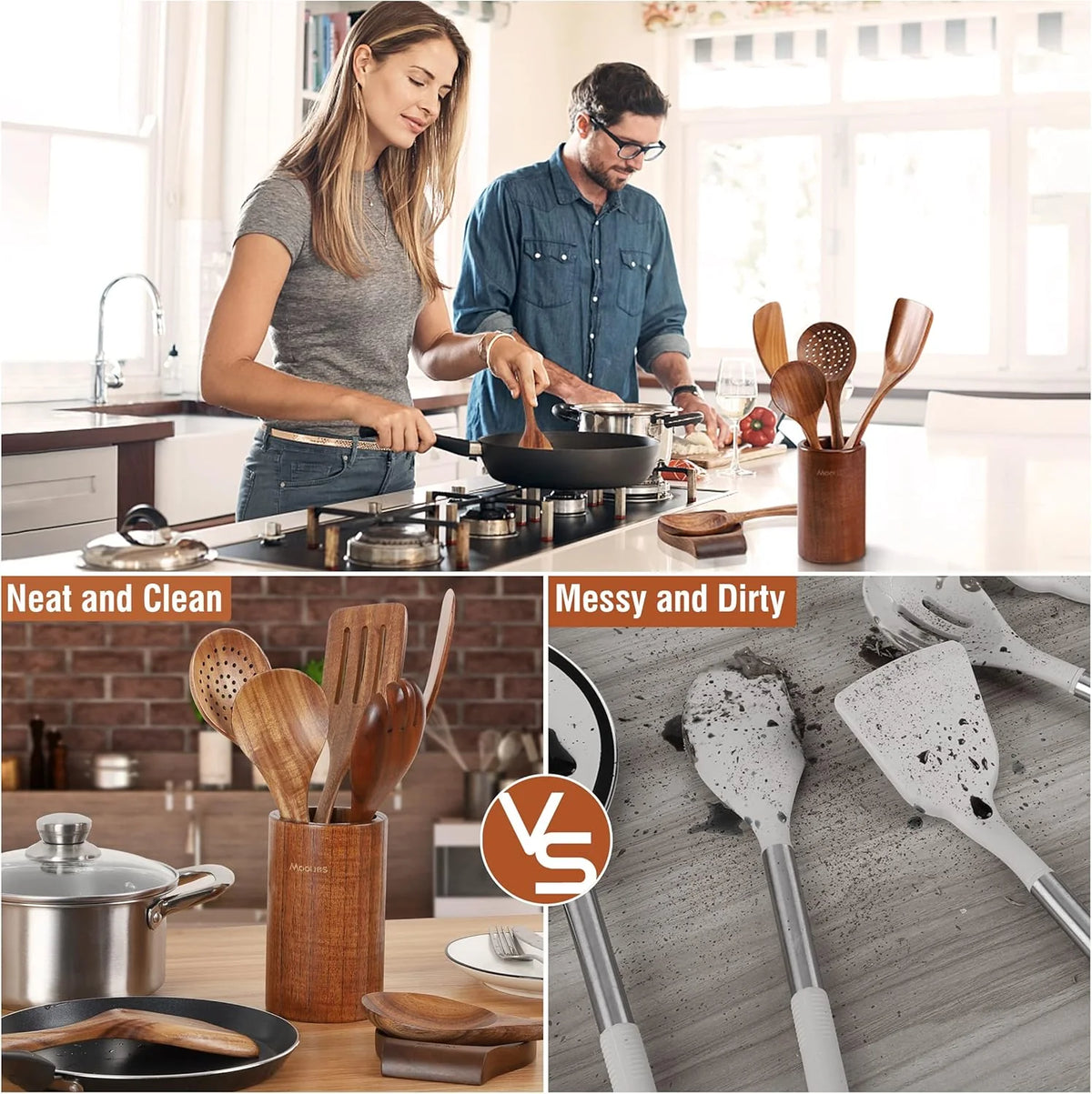 9-Piece Teak Wood Utensil Set with Spoon Rest