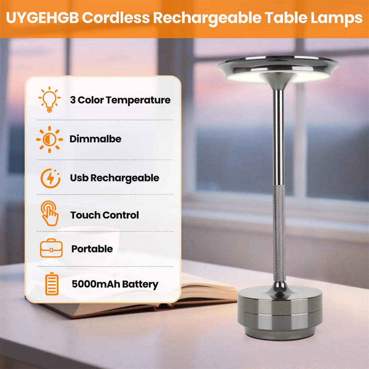 2Pcs Rechargeable Cordless Table Lamp, 5000Mah Portable Wireless LED Lamp, 3 Color Modes Stepless Dimming Touch Lamp, Aluminum Alloy Bedside Desk Lamp for Bedroom Office Camping Dining