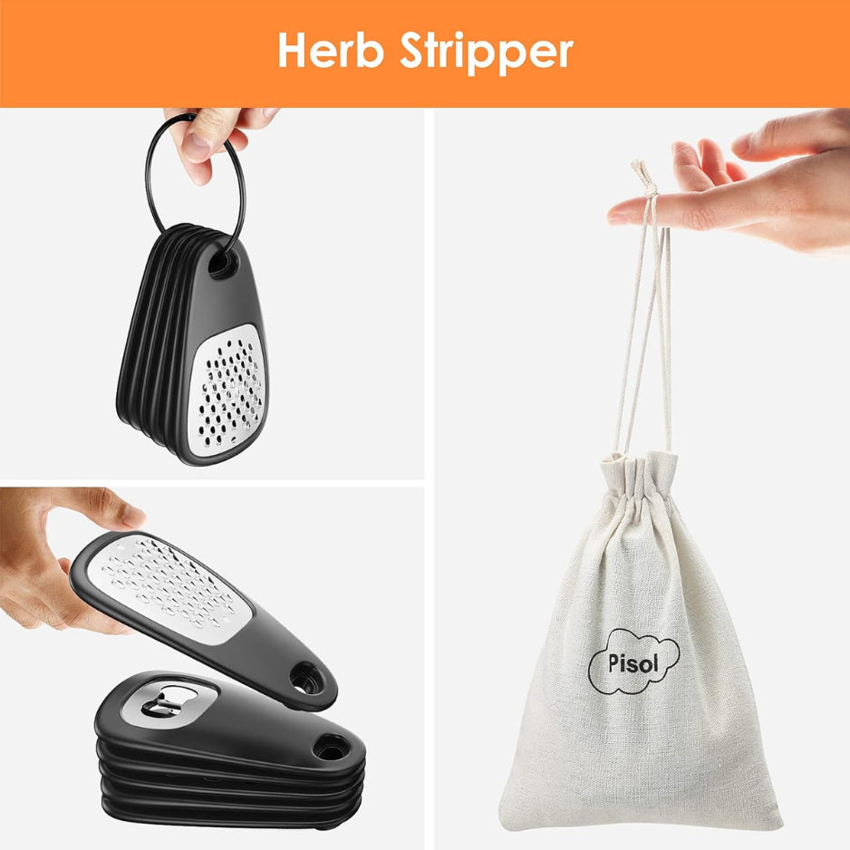 6-Piece Space-Saving Kitchen Gadget Set - Compact Multi-Tool Set with Cheese Grater, Peeler, Pizza Cutter, Bottle Opener Garlic Grinder & Herb Stripper