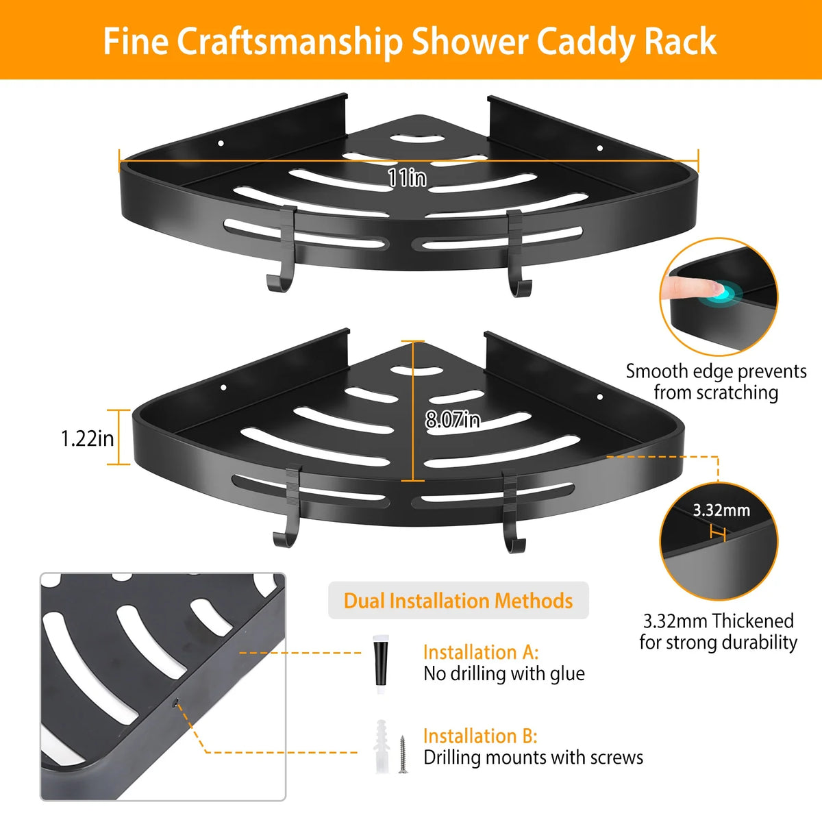 2Pcs Corner Shower Caddy Shelf Adhesive Bathroom Wall Mounted Storage Racks Aluminum Organizers for Bathroom Toilet Kitchen Dorm