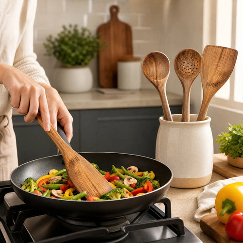 5Pcs Wooden Utensil Set with Hanging Holes, Food Grade Spoons and Spatula 24-33.7Cm, Non-Toxic Smooth Kitchen Tools for Cooking