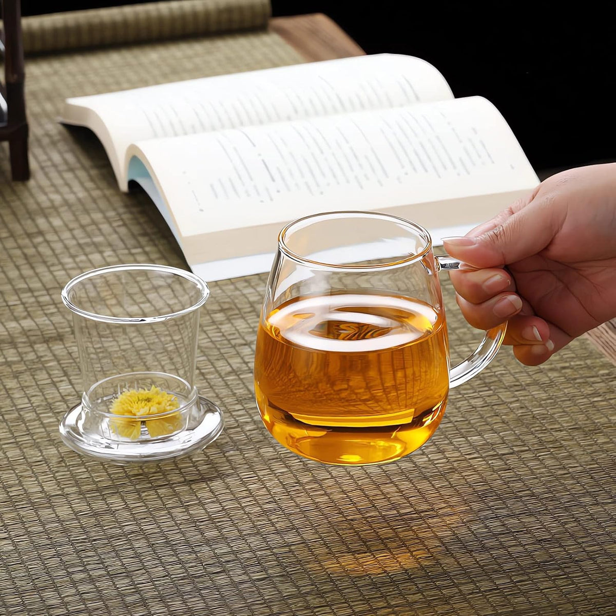 Glass Tea Cup with Infuser & Lid, 17.6 Oz Borosilicate Glass Steeping Mug for Loose Leaf & Blooming Tea, C500