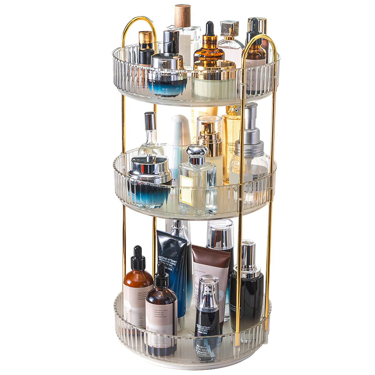 1 Set 3 Tier Rotating Makeup Organizer 360 Degree Spinning Perfume Cosmetic Storage Tray 55LBS Load Countertop Shelves for Lotion Lipstick