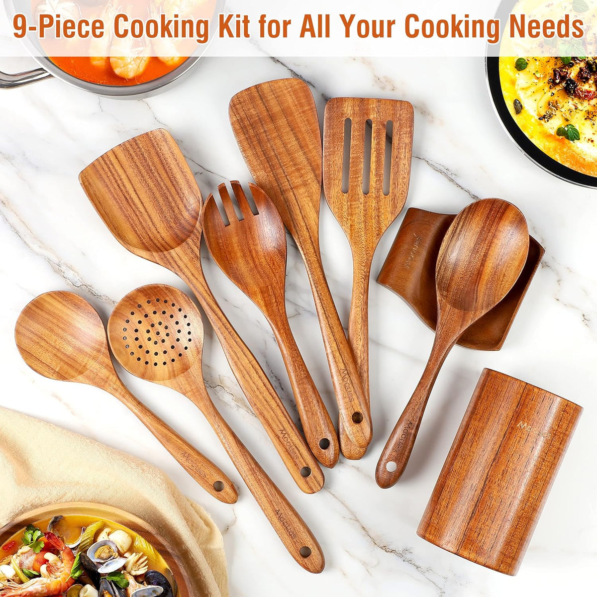 9-Piece Teak Wood Utensil Set with Spoon Rest