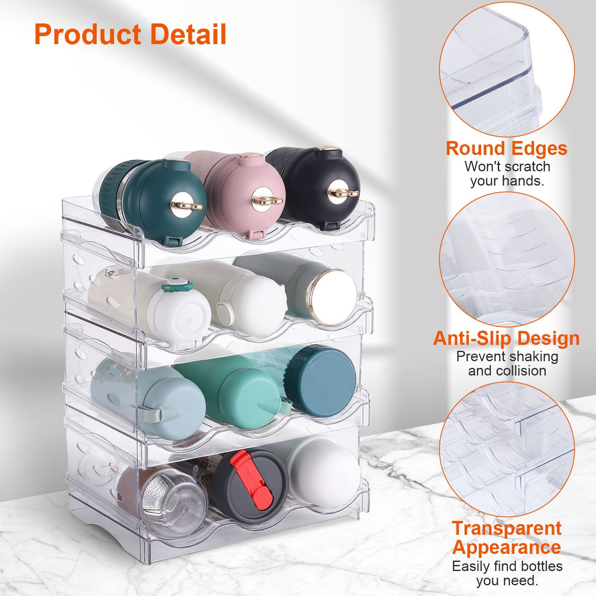 1Pc 4 Tier Bottle Storage Holder 12 Bottles Transparent Stackable Bottle Organizer Standing Drink Holder Shelf for Kitchen Fridge Cabinet Pantry