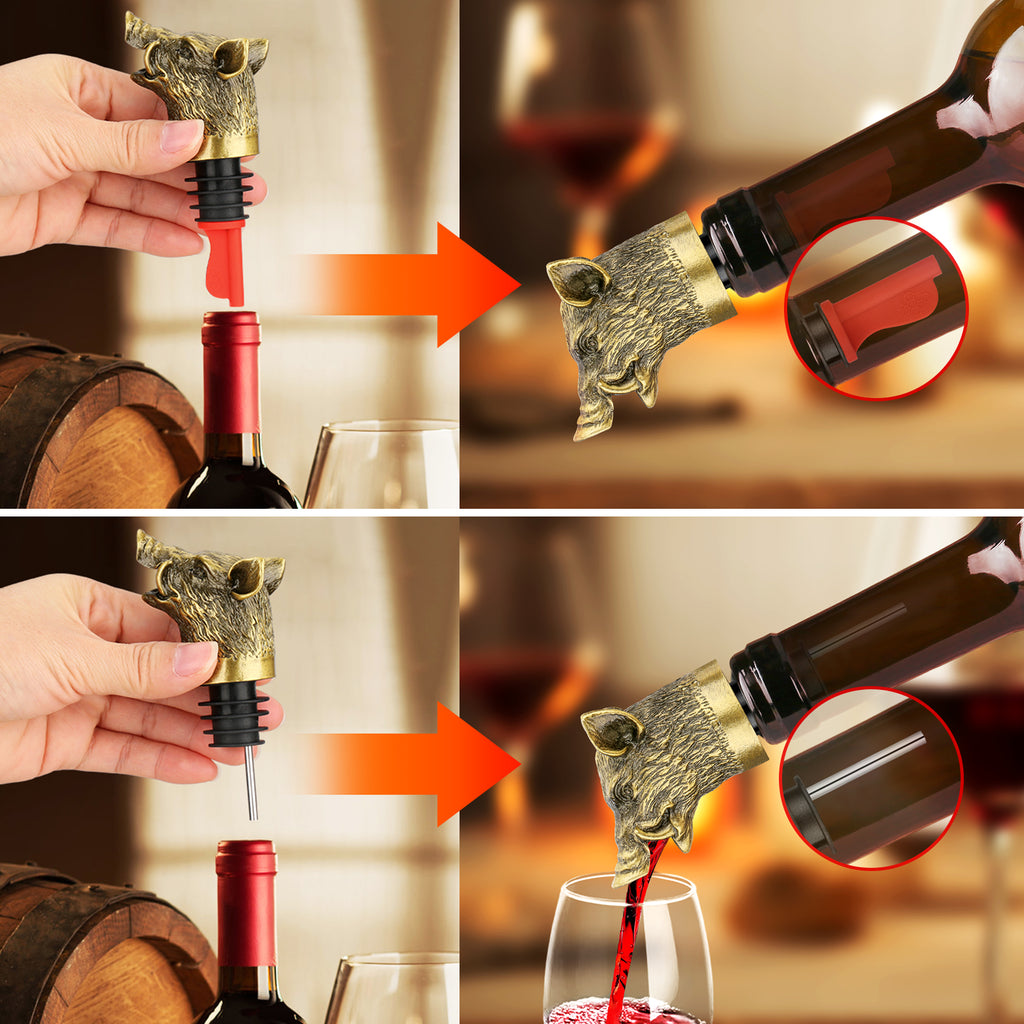 Wild Boar Head Wine Pourer - Vacuum Sealing, Wine Spout, Stopper for Cocktails, Whiskey, Wine Bottles, Perfect Gift for Any Occasion