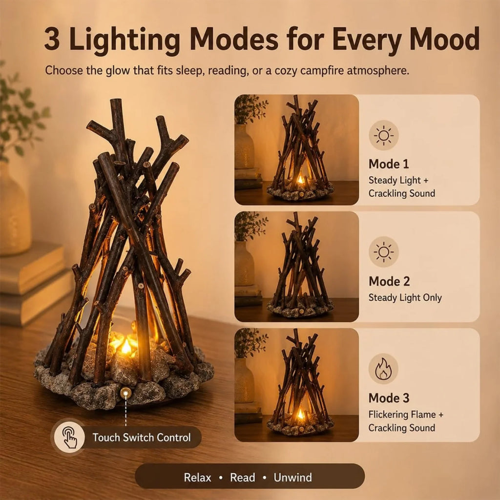 Dimmable Wooden Campfire Led Night Light, Handcrafted Forest Campfire Lamp