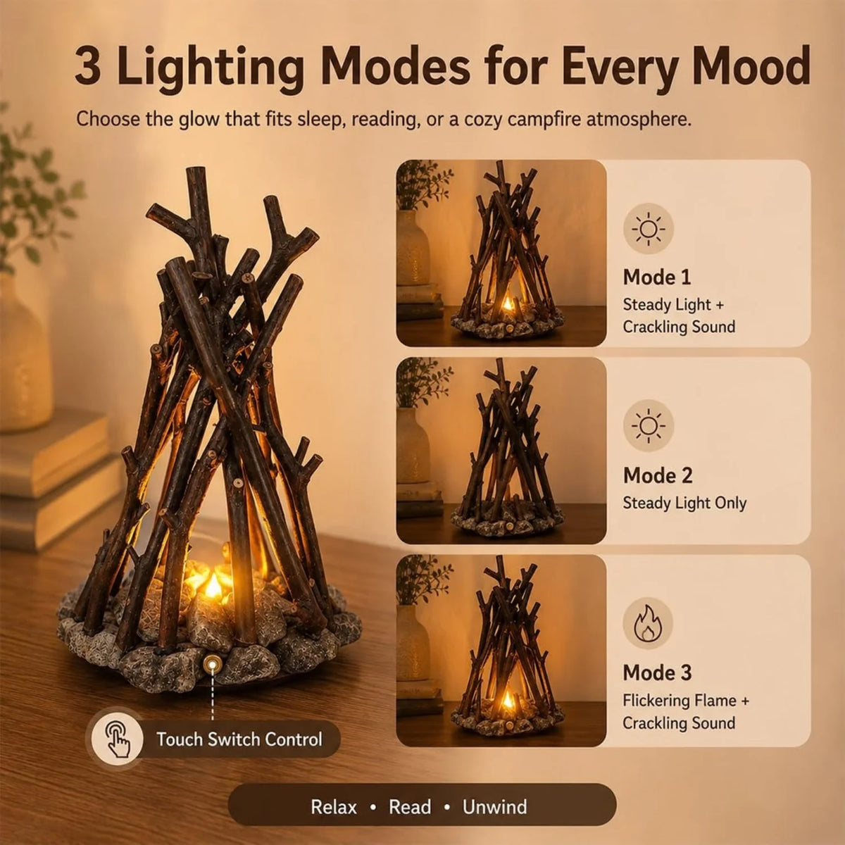 Dimmable Wooden Campfire Led Night Light, Handcrafted Forest Campfire Lamp