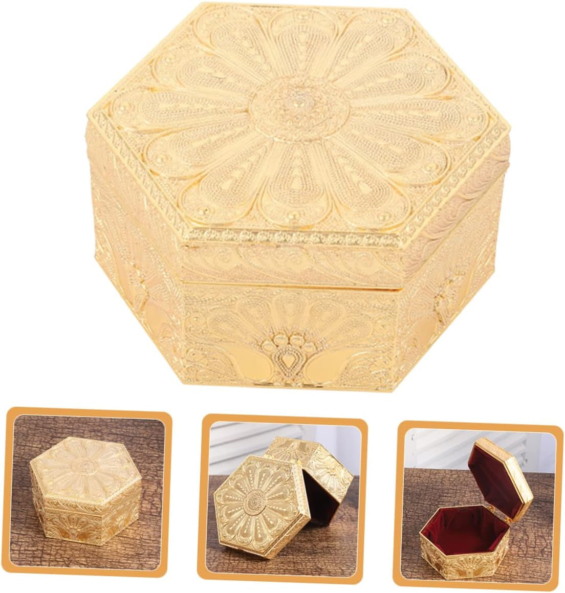 Vintage Hexagonal Jewelry Box Organizer for Earrings and Necklaces Golden Zinc Alloy, Portable Lightweight Design, Display Ornament for Weddings and Small Collectibles
