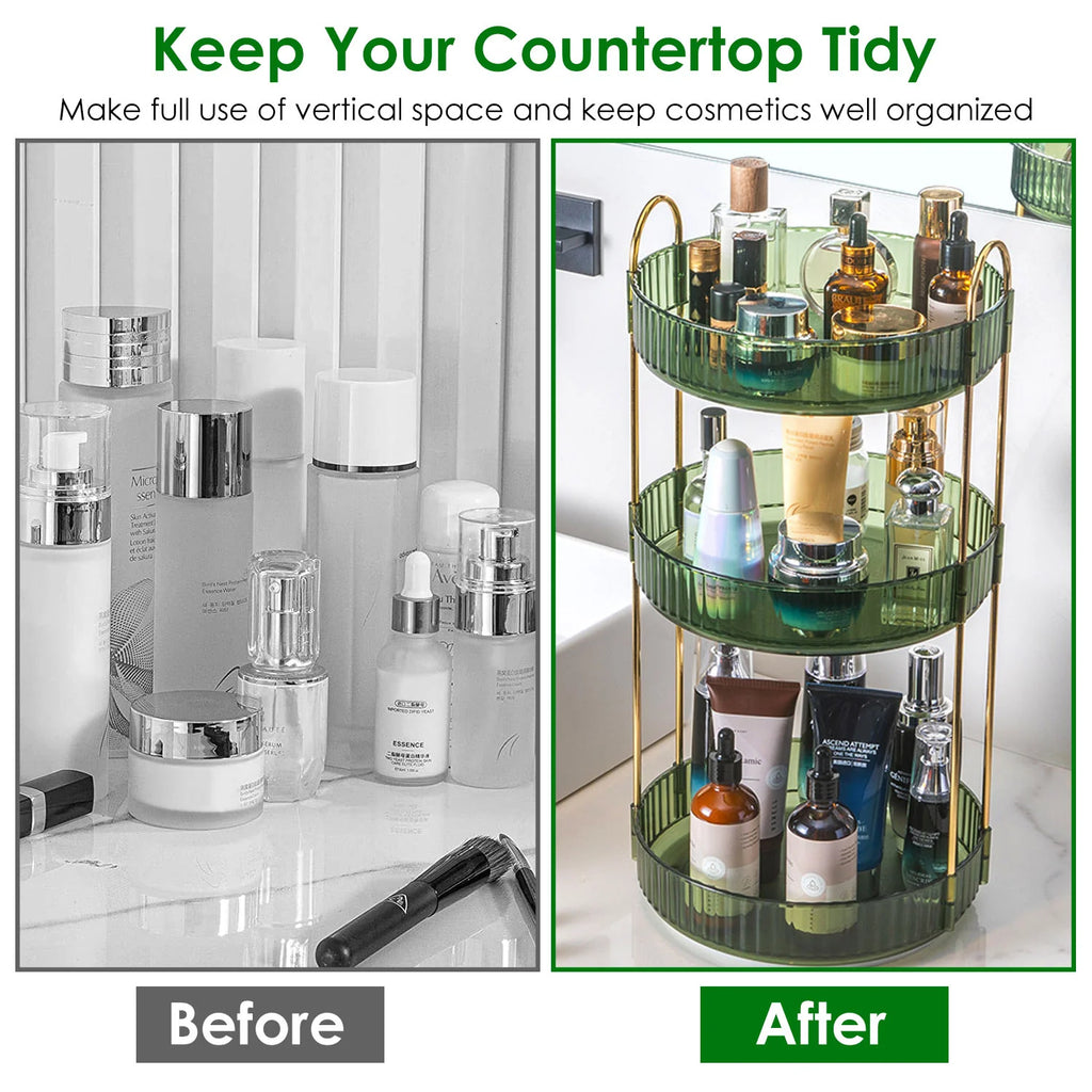1 Set 3 Tier Rotating Makeup Organizer 360 Degree Spinning Perfume Cosmetic Storage Tray 55LBS Load Countertop Shelves for Lotion Lipstick