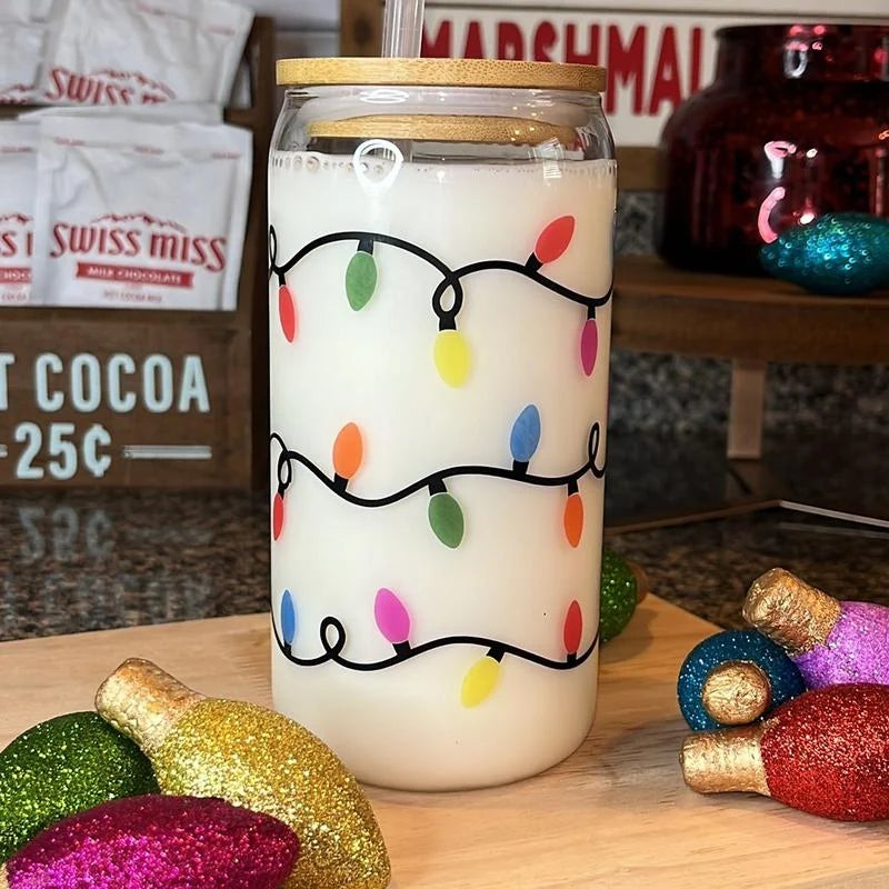 Color Changing Christmas Lights Glass Cup with Lid and Straw - 16 Oz - Drinkware, Transparent Tumblers Mug Bottles