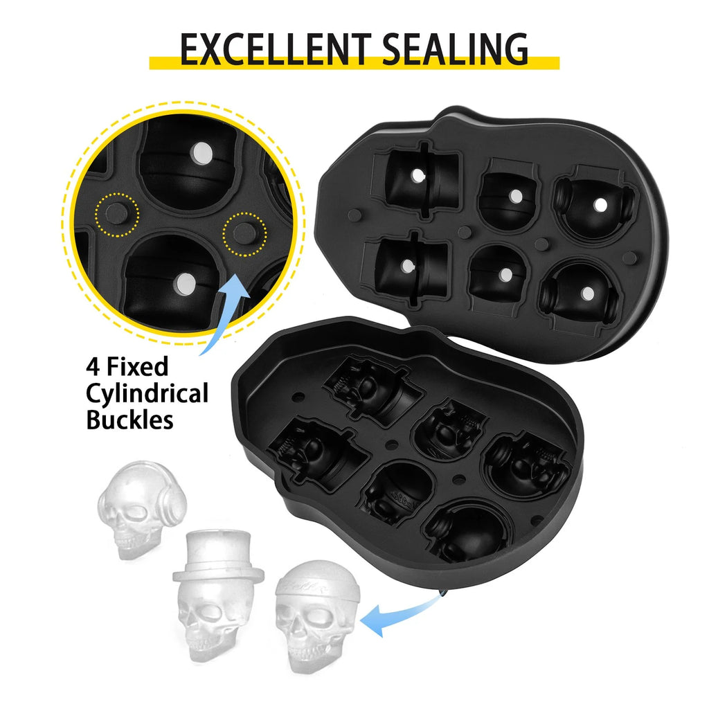 Skull Ice Cube Tray, 6-Grid Skull Ice Ball Maker, Flexible Black Silicone Ice Tray with Lid & Funnel, Skull Ice Cubes in 3 Distinct Patterns for Beverages & Chocolates on Parties & Holidays
