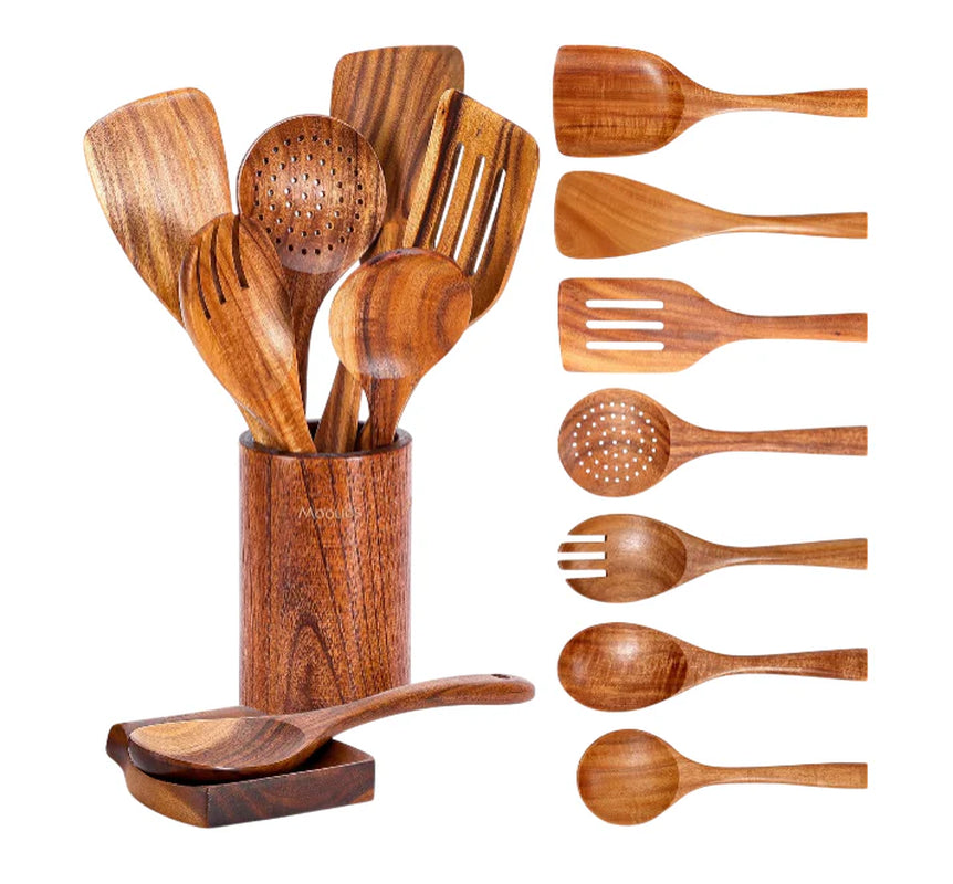 9-Piece Teak Wood Utensil Set with Spoon Rest