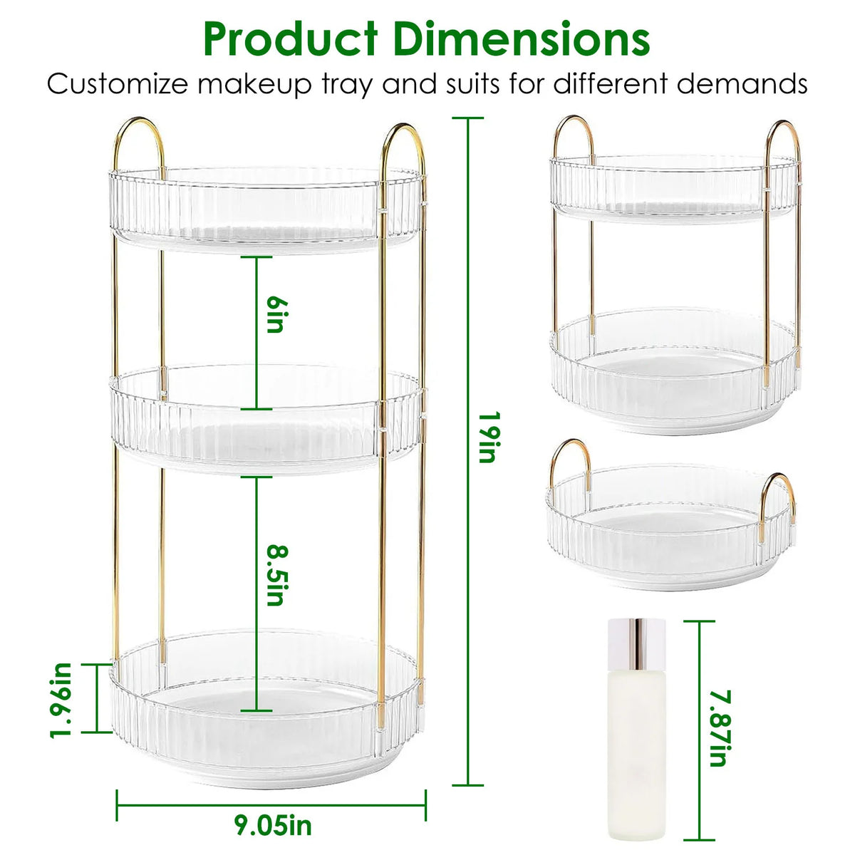 1 Set 3 Tier Rotating Makeup Organizer 360 Degree Spinning Perfume Cosmetic Storage Tray 55LBS Load Countertop Shelves for Lotion Lipstick
