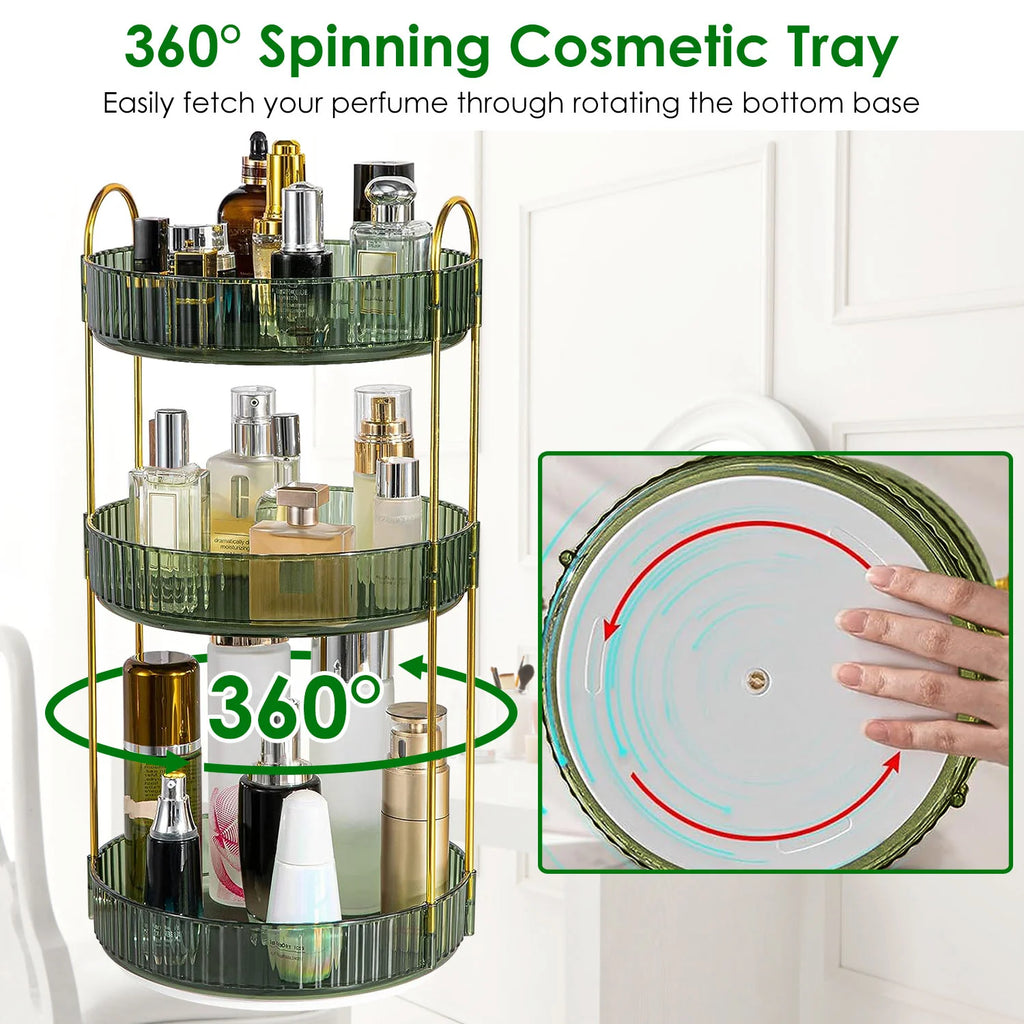 1 Set 3 Tier Rotating Makeup Organizer 360 Degree Spinning Perfume Cosmetic Storage Tray 55LBS Load Countertop Shelves for Lotion Lipstick