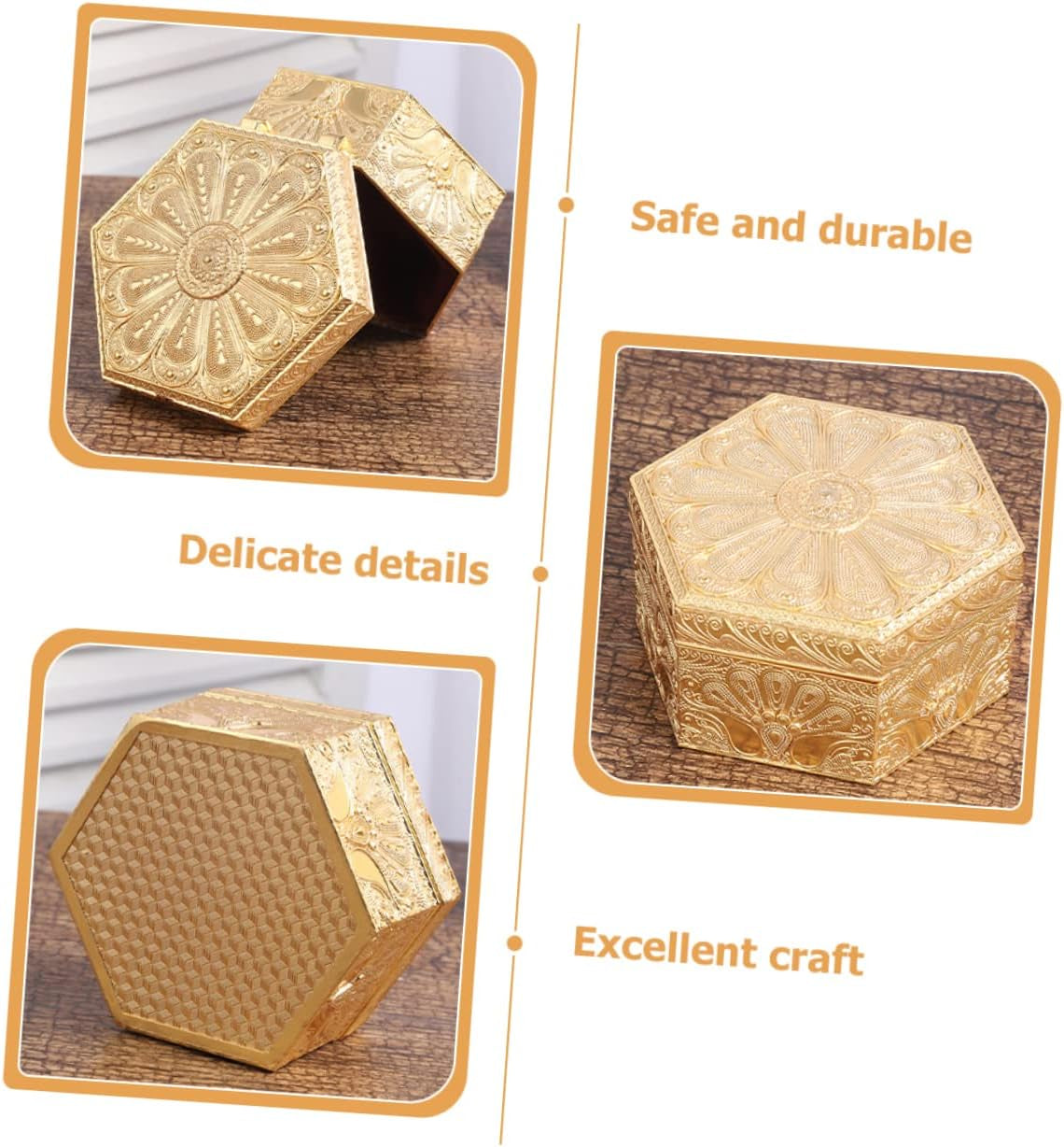 Vintage Hexagonal Jewelry Box Organizer for Earrings and Necklaces Golden Zinc Alloy, Portable Lightweight Design, Display Ornament for Weddings and Small Collectibles