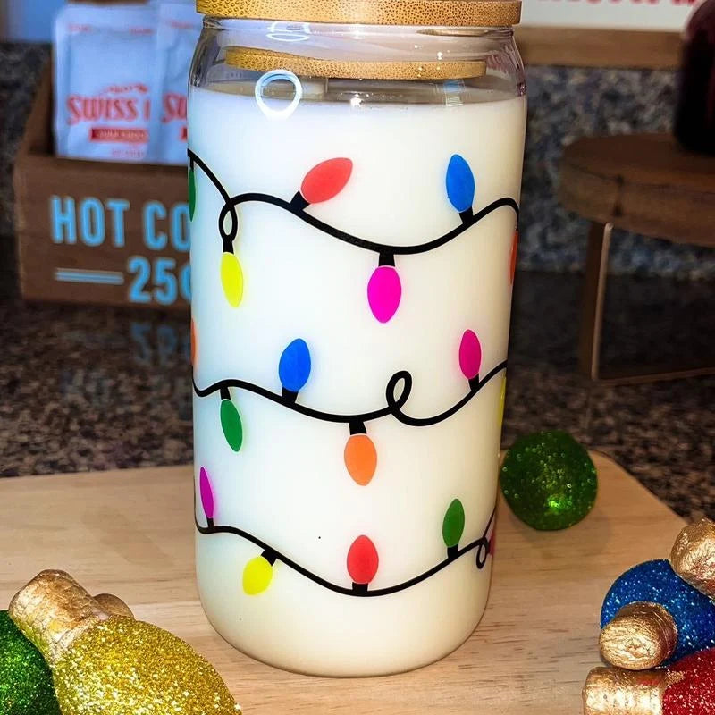 Color Changing Christmas Lights Glass Cup with Lid and Straw - 16 Oz - Drinkware, Transparent Tumblers Mug Bottles