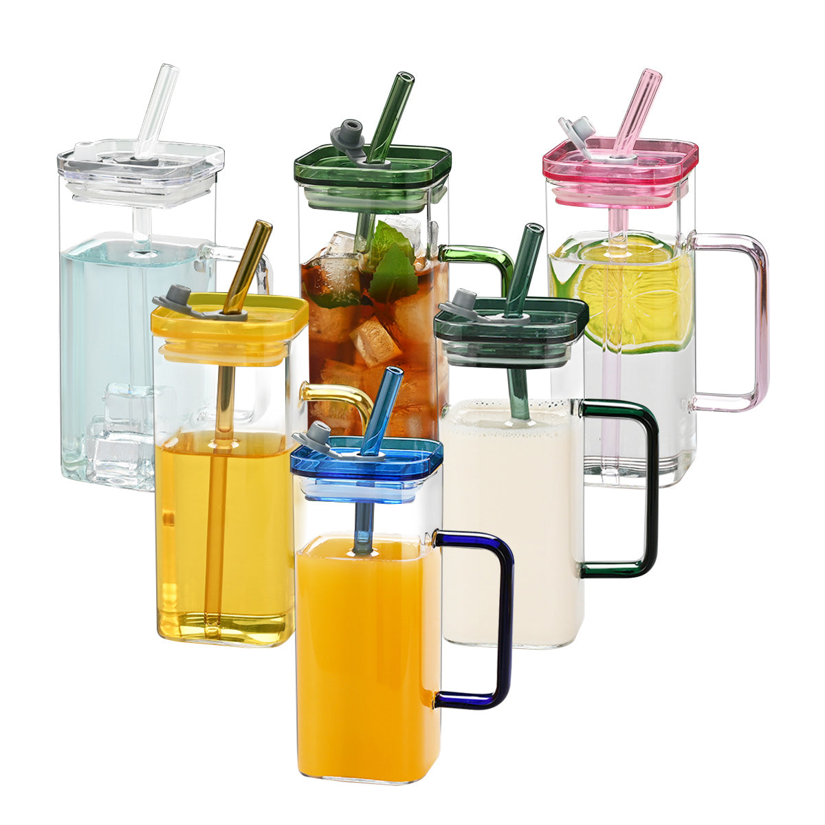 1 Pcs Transparent Glass Straw Cup, 6 Colors Square Glass Cup with Straw and Lid, High Borosilicate Glass Cup, Milk Cup, Juice Cup, Cold Drink Cup, Coffee Cup, Tea Cup, Office Cup, Gift Cup