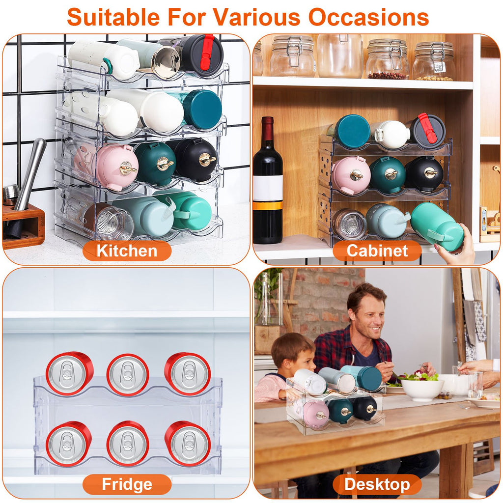 1Pc 4 Tier Bottle Storage Holder 12 Bottles Transparent Stackable Bottle Organizer Standing Drink Holder Shelf for Kitchen Fridge Cabinet Pantry