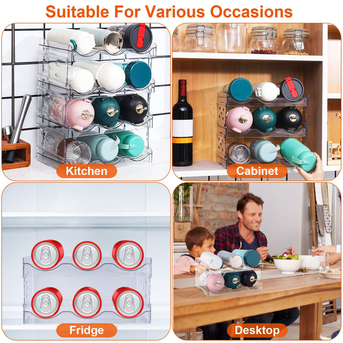 1Pc 4 Tier Bottle Storage Holder 12 Bottles Transparent Stackable Bottle Organizer Standing Drink Holder Shelf for Kitchen Fridge Cabinet Pantry