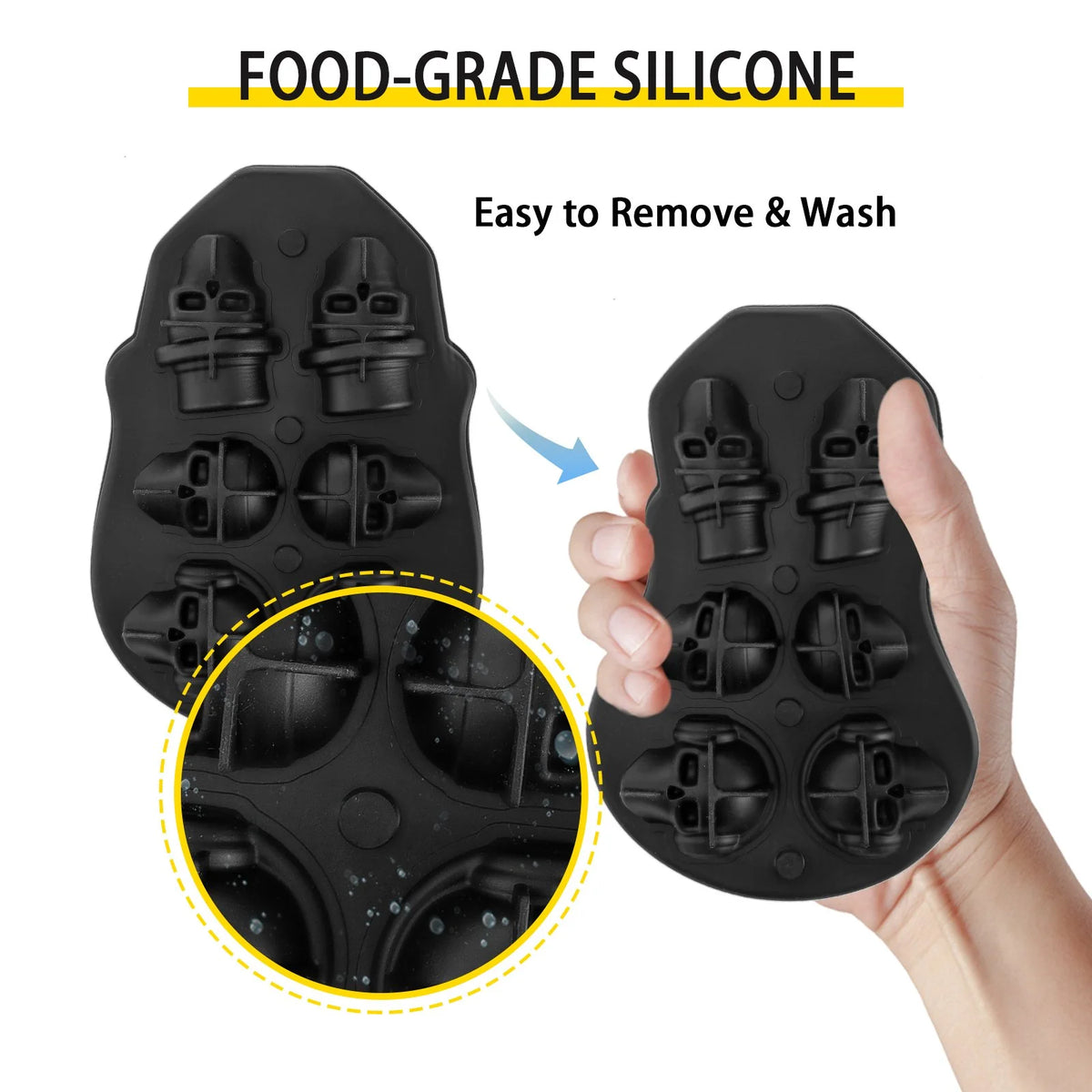 Skull Ice Cube Tray, 6-Grid Skull Ice Ball Maker, Flexible Black Silicone Ice Tray with Lid & Funnel, Skull Ice Cubes in 3 Distinct Patterns for Beverages & Chocolates on Parties & Holidays