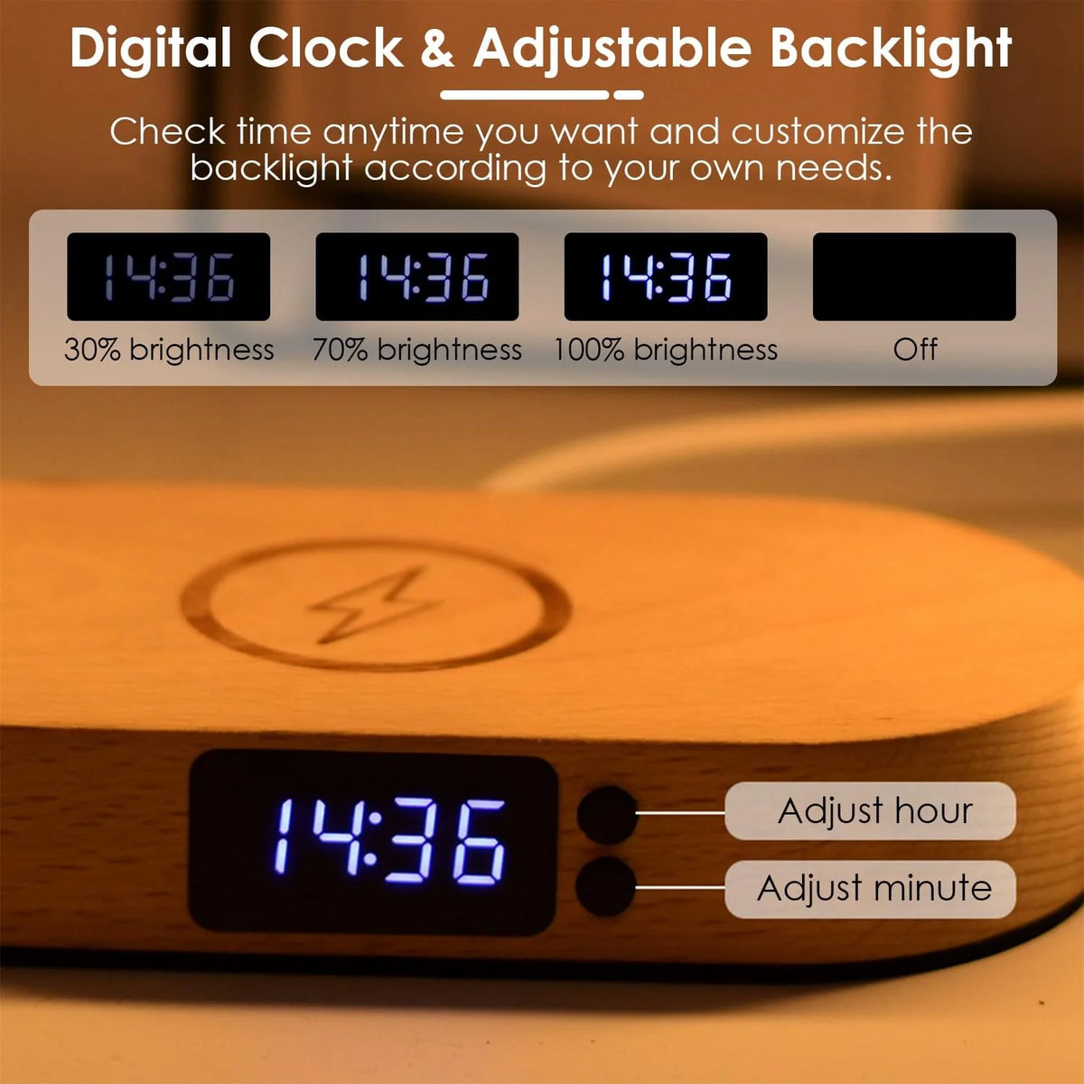 1 Set Bedside Table Lamp Touch Control Lamp with Clock Wireless Charging LED Desk Lamp Dimmable Nightstand Reading Lamp