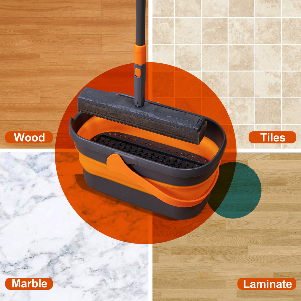 Sponge Mop Kit and Collapsible Bucket, Mop and Bucket for Floor Cleaning, Hands Free Home Floor Cleaning, Floor Cleaning System
