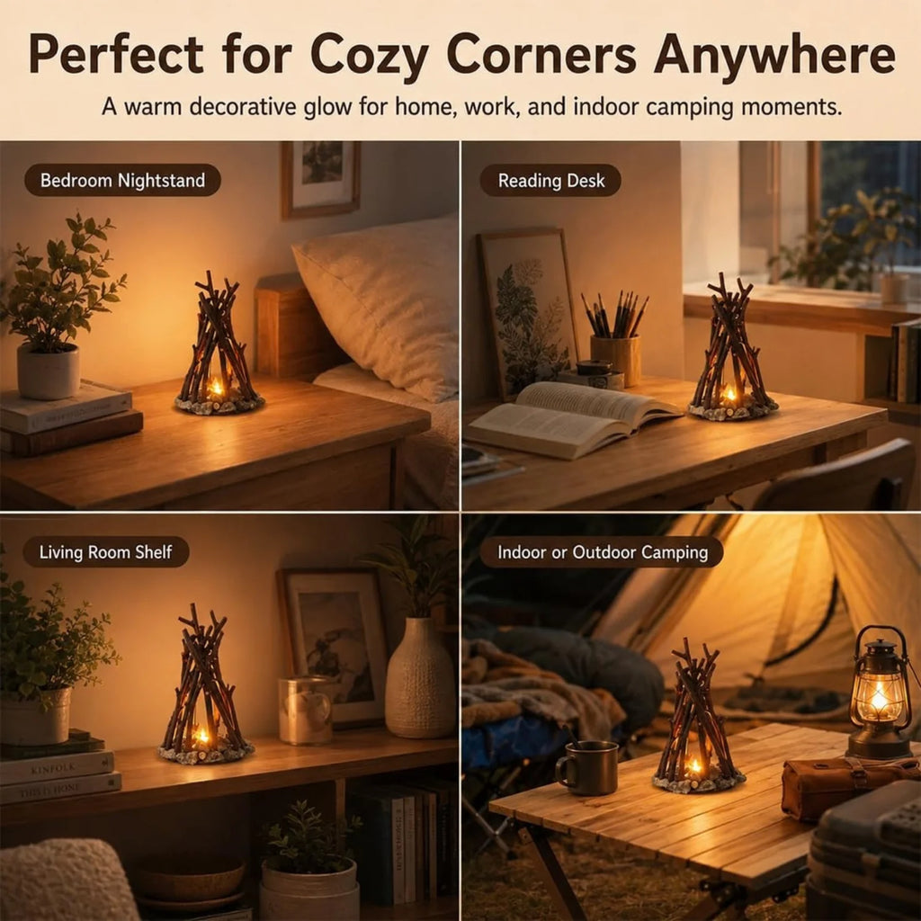 Dimmable Wooden Campfire Led Night Light, Handcrafted Forest Campfire Lamp