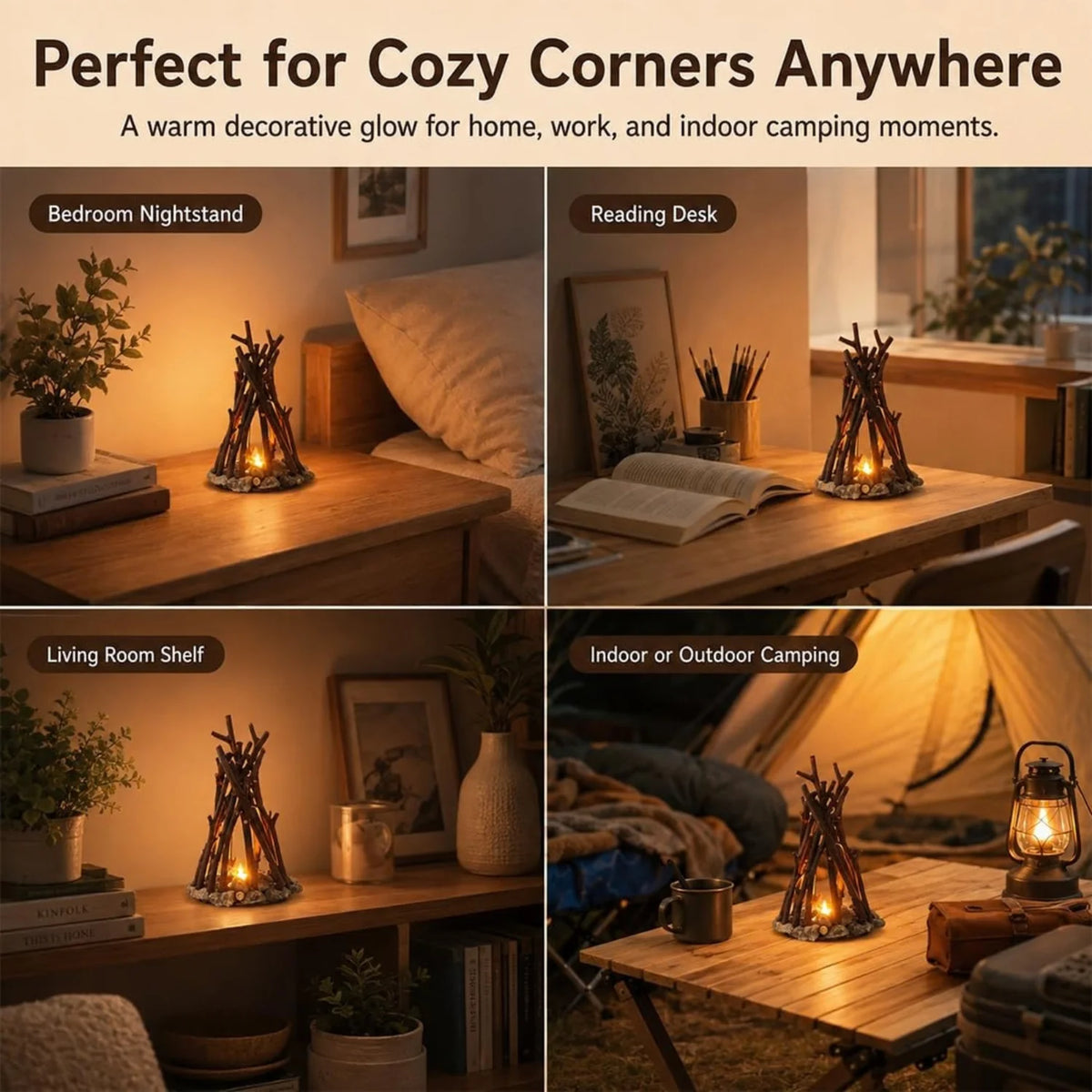 Dimmable Wooden Campfire Led Night Light, Handcrafted Forest Campfire Lamp