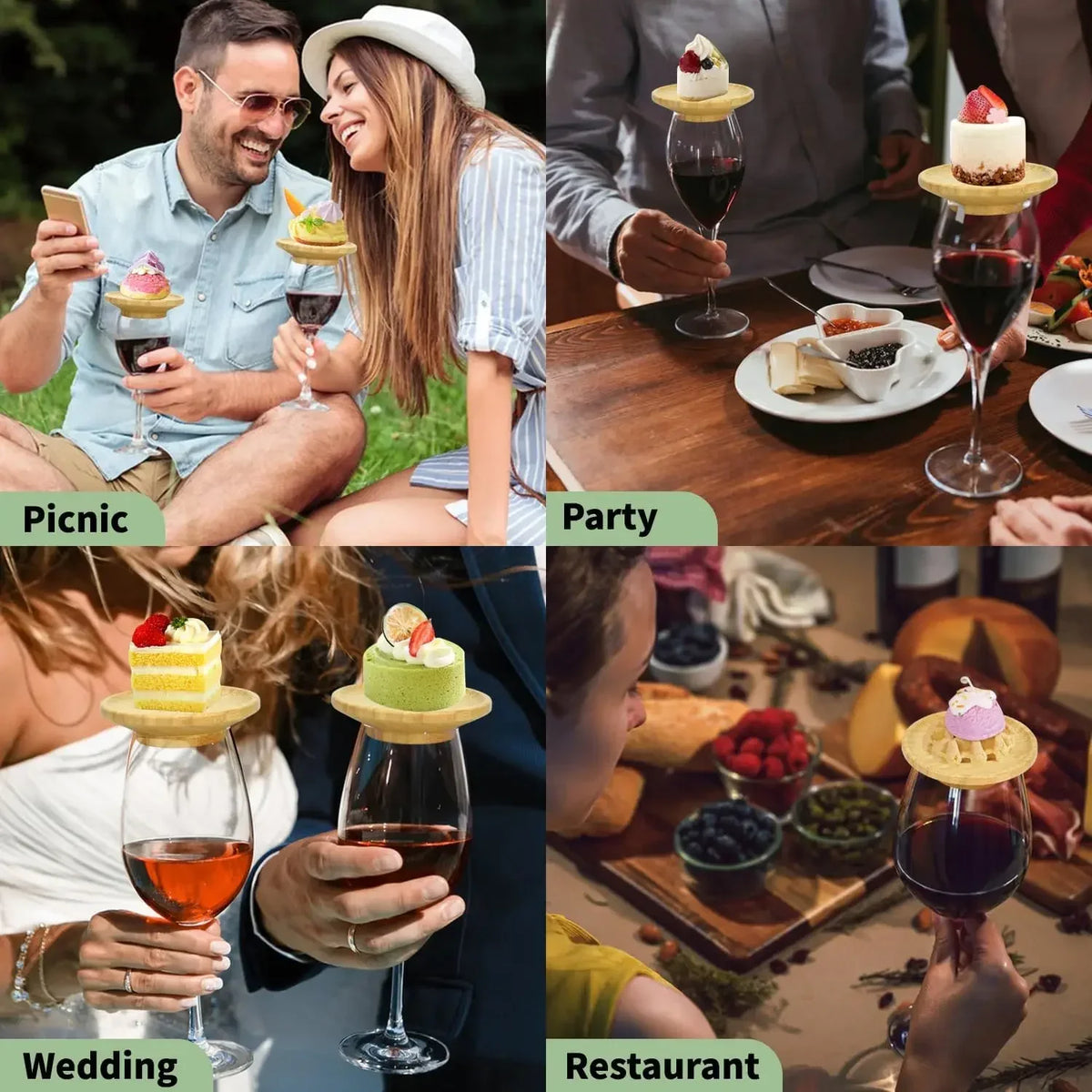 1-4Pcs Wine Glass Charcuterie Topper, Bamboo Wine Glass Covers for Appetizers Wine Glass Topper Coasters Plate for Bars Party
