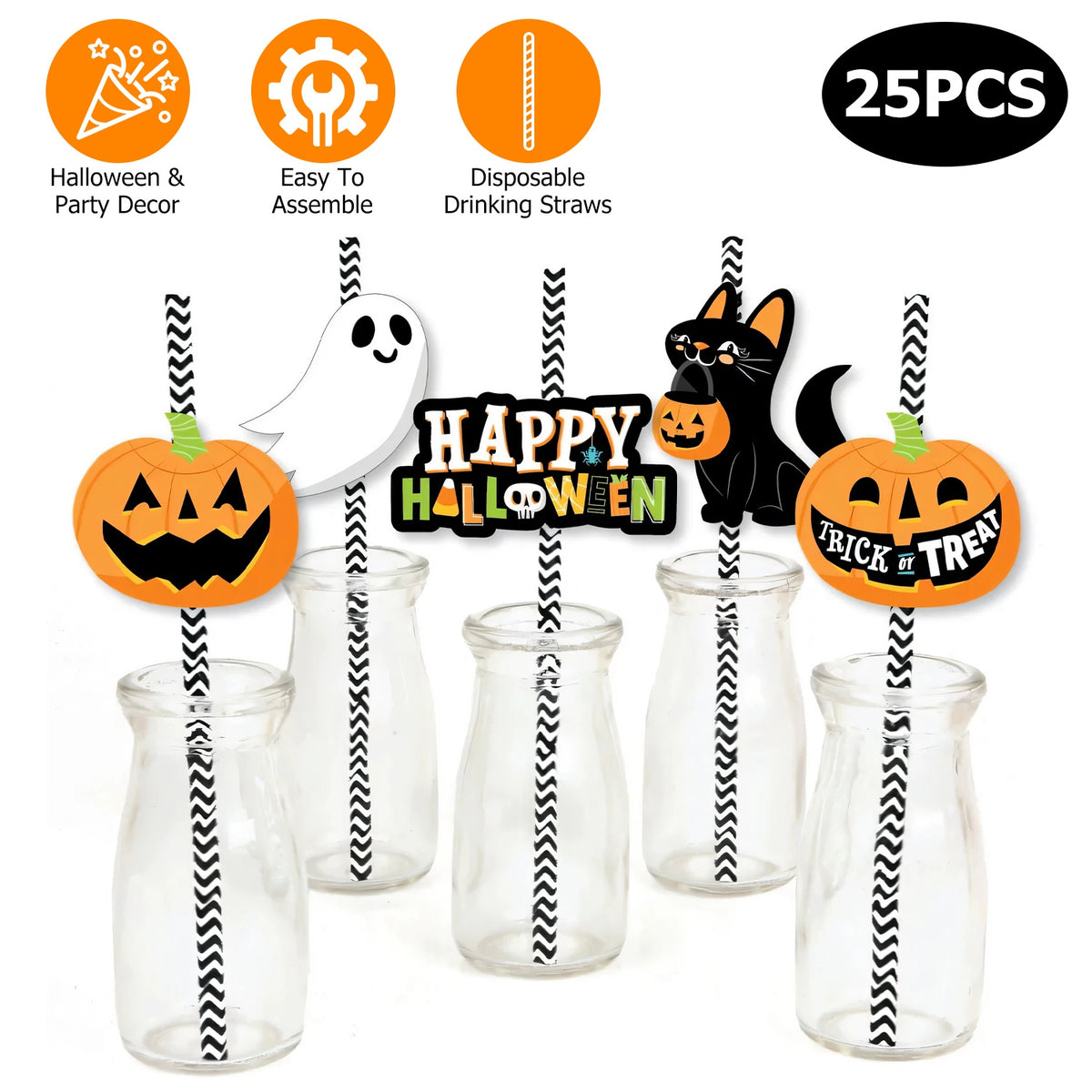 Set of 25Pcs Halloween Party Striped Decorative Straws Disposable Drinking Straws Paper Straw Decor Happy Halloween Ghost Lantern Black Cat Halloween Party Supplies
