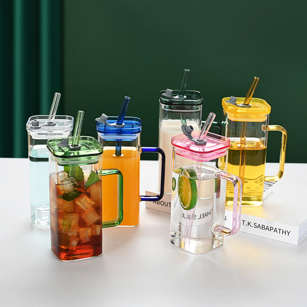 1 Pcs Transparent Glass Straw Cup, 6 Colors Square Glass Cup with Straw and Lid, High Borosilicate Glass Cup, Milk Cup, Juice Cup, Cold Drink Cup, Coffee Cup, Tea Cup, Office Cup, Gift Cup