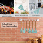 2 Color Options -- Set of 11Pcs Silicone Cooking Utensil Set for Food Preparation Heat Resist Wooden Handle Silicone Spatula Turner Ladle Spaghetti Server Tongs Spoon Egg Kitchenware Set with Holder