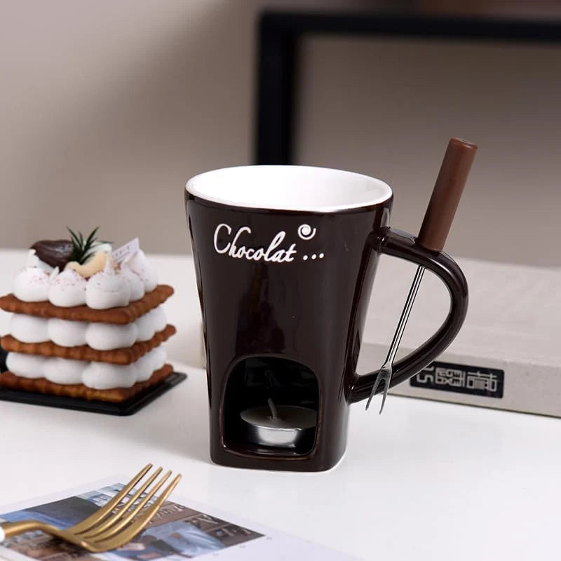 Chocolate Melting Mug with Fork, Ceramic Fondue Cup