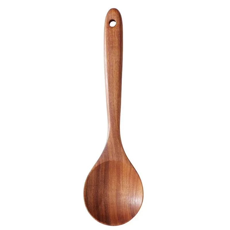 5Pcs Wooden Utensil Set with Hanging Holes, Food Grade Spoons and Spatula 24-33.7Cm, Non-Toxic Smooth Kitchen Tools for Cooking