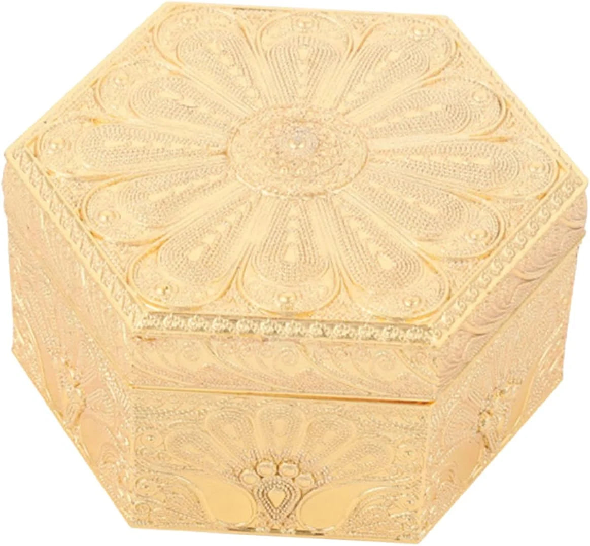 Vintage Hexagonal Jewelry Box Organizer for Earrings and Necklaces Golden Zinc Alloy, Portable Lightweight Design, Display Ornament for Weddings and Small Collectibles