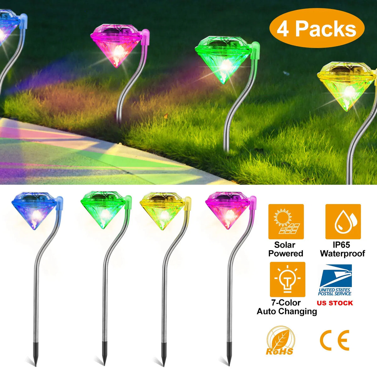 4Pcs Solar Garden Light Outdoor Diamond LED Light 7-Color Changing IP65 Waterproof Pathway Stake Decorative Lamp for Garden Patio Yard Walkway