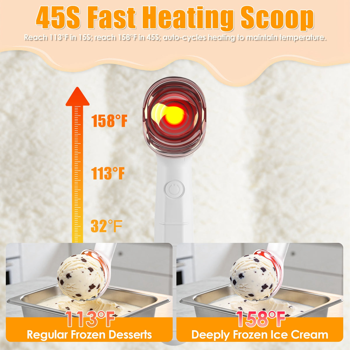 1Set Heated Ice Cream Scoop Rechargeable Electric Ice Cream Scooper IP66 Waterproof 45S Fast Heating 5Min Auto Shutoff for Hard Ice Cream Gelato Yogurt