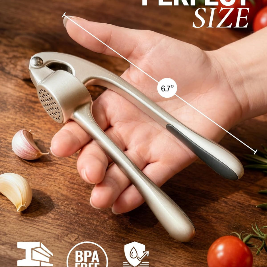 Premium Rust-Proof Garlic Press Set - Easy-Squeeze Mincer with Silicone Peeler & Brush