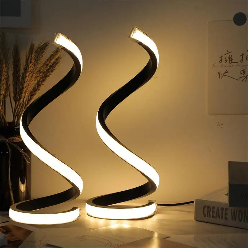 2 Pack Spiral LED Table Lamp, 3 Color Dimmable USB Powered Desk Lamp, Modern Curved Bedside Night Light, Soft Eye-Caring Lighting for Bedroom Living Room Office Home Decor