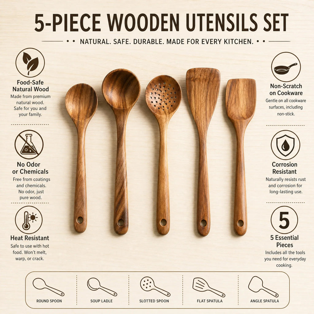 5Pcs Wooden Utensil Set with Hanging Holes, Food Grade Spoons and Spatula 24-33.7Cm, Non-Toxic Smooth Kitchen Tools for Cooking